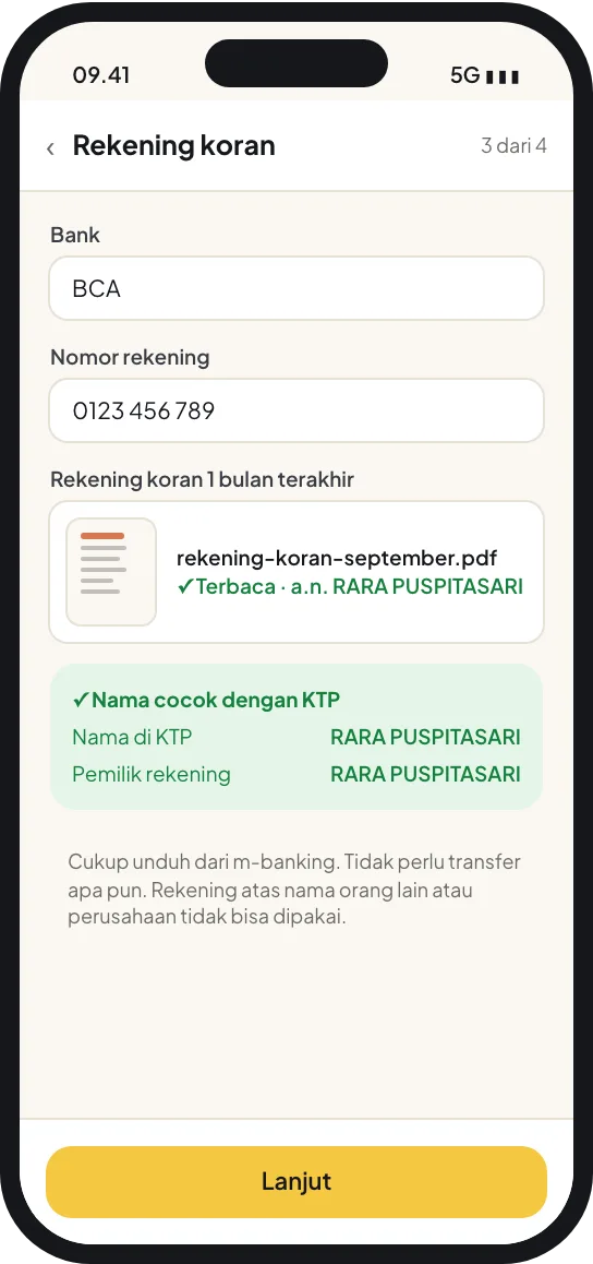 Langkah 6: Rekening koran atas nama yang sama