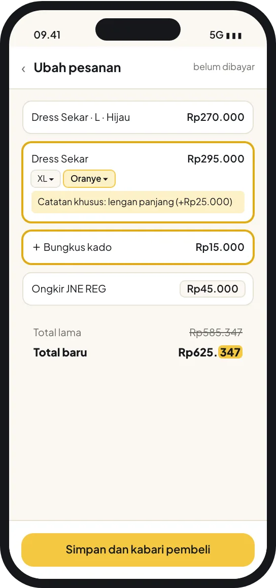 Langkah 2: Penjual menyesuaikan pesanan sebelum dibayar