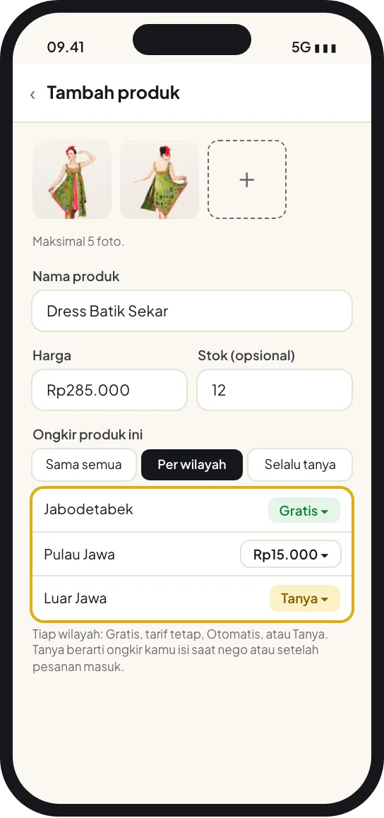 Langkah 2: Isi foto, harga, stok, dan ongkir